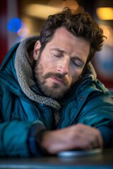 Tired man resting his head on his arm at a table