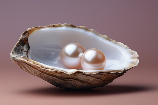 Large pink pearls in beautiful shell on muted background, elegant luxurious jewelry concept