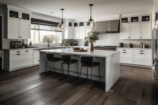 Beautiful white kitchen in contemporary farmhouse style luxury property with dark accents