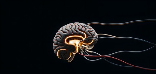 A digital artwork depicting a human brain with intricate wiring, symbolizing the connection between the brain and technology in todays world