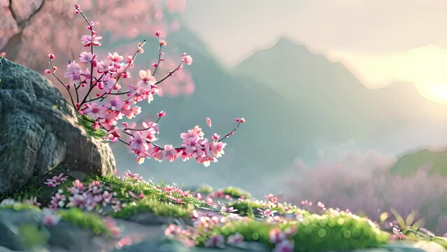 Aesthetic peach blossom landscape close-up