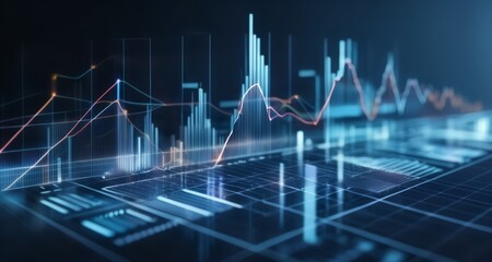  Elevated view of a futuristic cityscape with digital grids and graphs