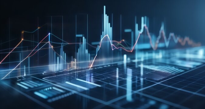  Elevated view of a futuristic cityscape with digital grids and graphs