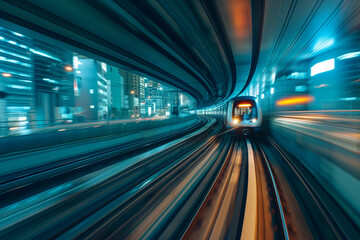 Fototapeta na wymiar Dynamic motion blur captures a high-speed train moving through an urban tunnel with the city lights streaking by, conveying the energy of modern urban transportation.