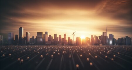 Fototapeta premium Cityscape at sunrise with wind turbines and blurred traffic