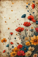 Red blue and orange wildflower frame on an old notepaper background, and wildflower border design, for invitation cards, and advertisements - obrazy, fototapety, plakaty