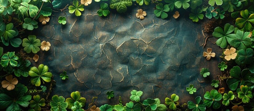 dark rock surface with Shamrock Leaves and Plants border background, Green shamrock design background for St. Patrick's Day, Festive Green Clover Background for St. Patrick's Day Designs 