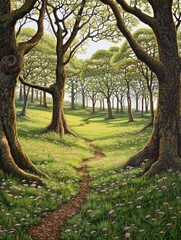Obraz premium Enchanted Fairy Ring Meadows: Trees, Fairy Circles, Meadow Magic