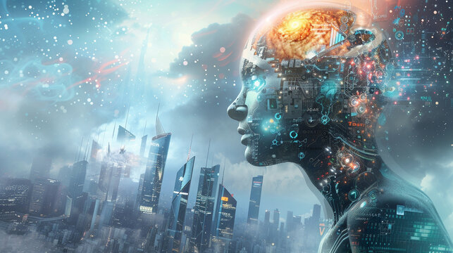 A surreal cosmic depiction featuring a hybrid of an ancient galaxy and elements of modern technology like futuristic skyscrapers, artificial intelligence robots, and holographic communication systems
