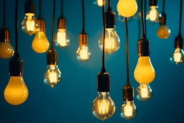 Minimal concept idea, flat lay, top view of yellow light bulbs hanging against a blue background and each glowing with a unique theme