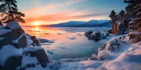 Foto op Canvas sunrise in the mountains, Winter landscape at sunset on the reservoir Landscape, Scenic Beauty Sunrise Over a Peaceful Frozen Lake in Winter, Generative AI © ali