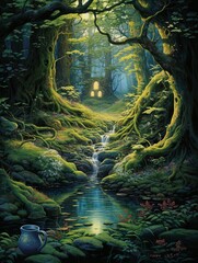 Enchanted Forest Teatime by the Stream: Artistic Depiction of Fresh Waterways and Tea Parties