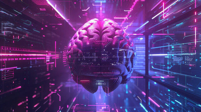 A unique depiction of a 3D animated brain intricately fused with complex technological hardware, casting a holographic data projection The background should reflect a portal into a digital
