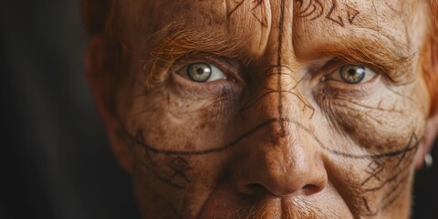 Portrait of a mature Caucasian man with auburn hair, his face adorned with symbols of wisdom and experience, creating a captivating blend of tradition and modernity