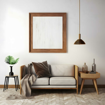 Frame mockup in Scandinavian living room interior, 3d render © azure