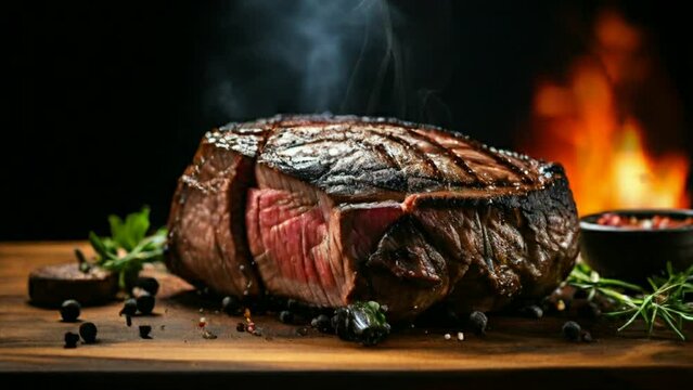 Tenderloin steak on a table with transparent smoke, fire and black background.