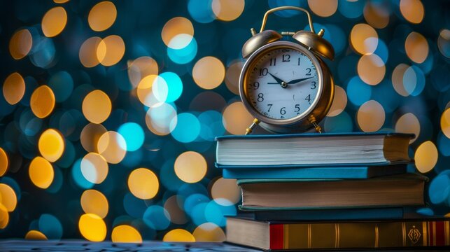 The importance of time management and education with an image featuring an alarm clock placed on a stack of books against a bokeh-blurred background. Generative AI technology