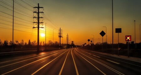  Sunset on an empty highway, with power lines and street lights