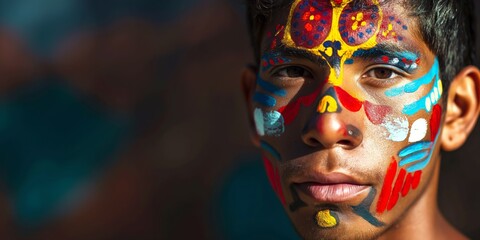 Portrait of a Latin young man with vibrant cultural symbols painted on his face, reflecting the rich heritage and traditions of his ancestry
