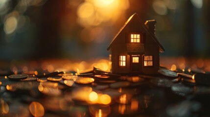 The dream of homeownership and financial stability with an image of a small house resting atop a pile of coins. Generative AI technology