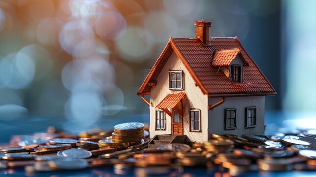 The dream of homeownership and financial stability with an image of a small house resting atop a pile of coins. Generative AI technology