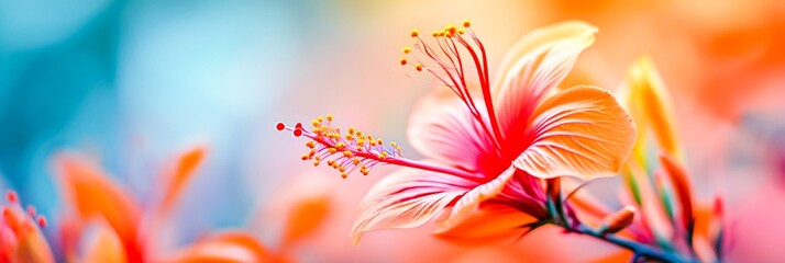 A delicate hibiscus flower in radiant orange and pink hues with a soft-focus background.for botanical or spring-themed projects