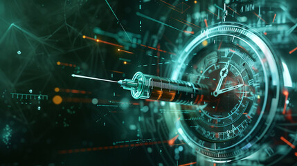 Obraz premium A unique background illustrating the harmonious fusion of a syringe, a test tube, and a horogram, applied with a 3D animation style