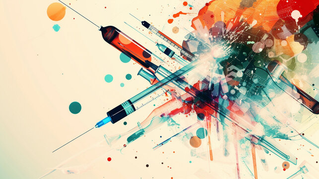 An abstract design featuring a blend of a syringe, a test tube, and a horogram, vividly illustrated, possesses a 3D animated feel and serves as a unique backdrop background