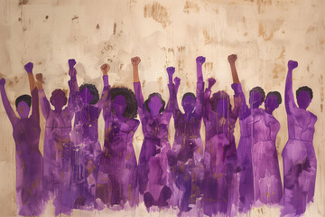 International Women's Day. Illustration of the purple silhouette of a group of women with their fists raised in protest. Concept protest for rights and equality.