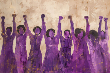 International Women's Day. Illustration of the purple silhouette of a group of women with their fists raised in protest. Concept protest for rights and equality.