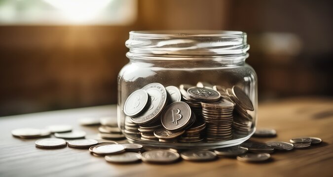  Savings jar with coins, symbolizing financial growth and wealth accumulation