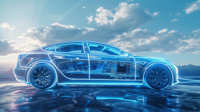Design a striking backdrop background presenting a car with an electric essence, imagining it as a surreal yet unique entity in an electrified landscape