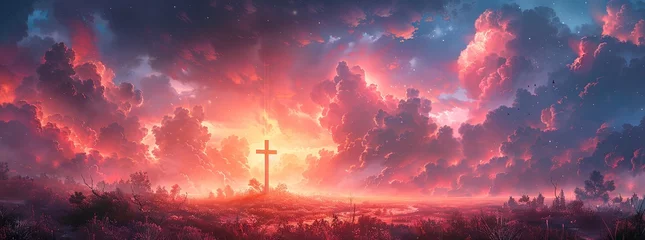 Foto auf Acrylglas cross christian backgrounds, inspirational cross christian wallpaper, in the style of digital painting and drawing, luminous landscape painting, colorful cartoon. Generative AI. © Skiffcha