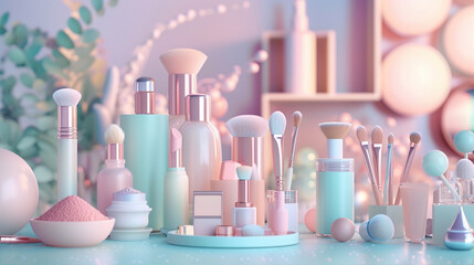 An elaborate cosmetics setup featuring a variety of powders and brushes, crafted with exquisite attention to detail in a 3D animated style This should serve as a unique, immersive backdrop - obrazy, fototapety, plakaty