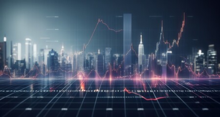  Cityscape with financial data overlay, symbolizing economic growth and urban development