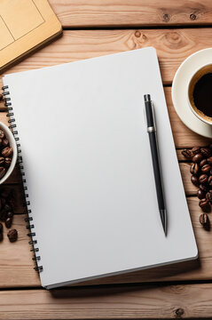 Blank notebook, coffee, copy space