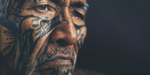 Fototapeta na wymiar Portrait of a mature Latin man with a weathered yet dignified appearance, his face adorned with motifs inspired by Latin American art and folklore, capturing the essence of his cultural identity