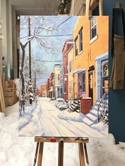Snowy City Beach: Silent Snowfall Painting of Winter Coastline City Streets Ocean Scene