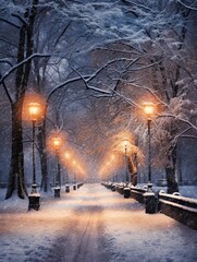Silent Snowfall City Streets Forest Wall Art - Snowy City Park Iced Trees Pathway