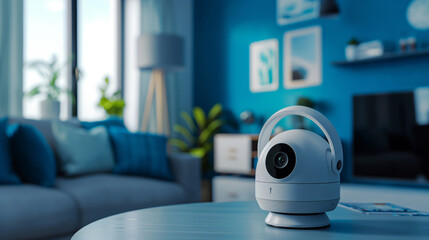a home security camera placed on a table in the modern minimal living room.
