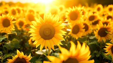 Fototapeta premium A bright field of sunflowers, bathed in the golden light of the setting sun.