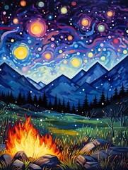 Imagined Blaze: Starry Night Campfires Abstract Landscape with Artistic Fires