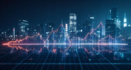  Cityscape with dynamic stock market data visualization
