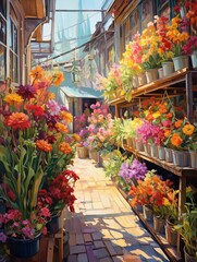 Sunlit Flower Market Streets: Acrylic Mural Landscape Featuring Painted Stalls