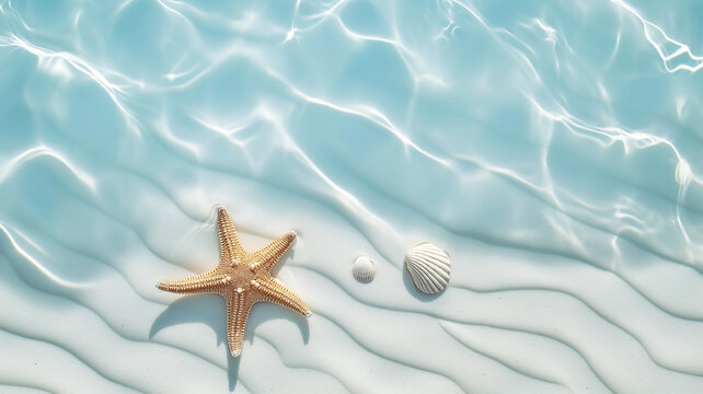 seashell and starfish beach top view, minimal, copy space background