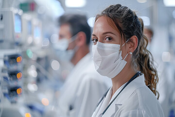 Dedicated Healthcare Worker in Medical Mask Standing in Hospital Ward