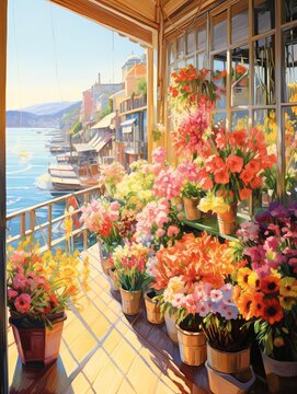 Sunny Salty Blossoms: Sunlit Flower Market Streets Ocean Wall Decor