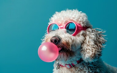 dog blowing bubble gum wearing sunglasses fashion portrait on solid pastel background. presentation. advertisement. invitation. copy text space.