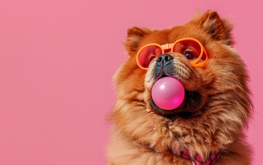 Pomeranian dog blowing bubble gum wearing sunglasses fashion portrait on solid pastel background. presentation. advertisement. invitation. copy text space.