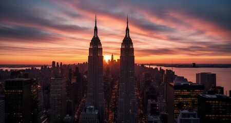 Fototapeta na wymiar Sunset over the city skyline, silhouetting iconic skyscrapers